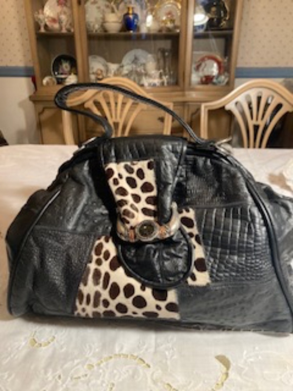 Black Crocodile Embossed & Leopard Print Statement Satchel Handbag